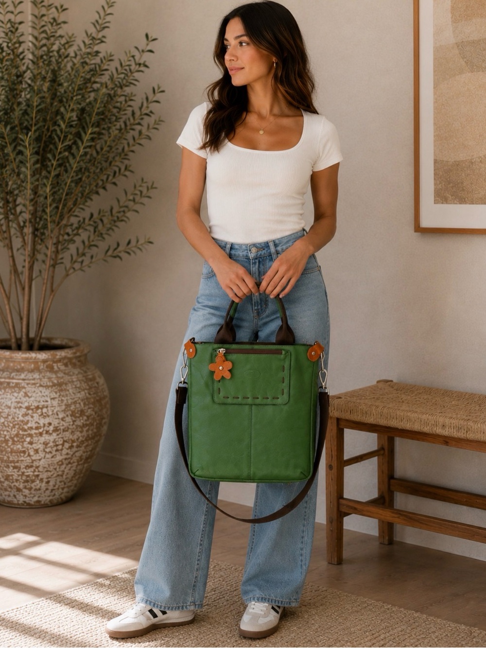 Green Leather Crossbody Tote Bag with Floral Charm